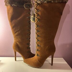 Brown Lace-Up Wide Calf Knee-High Boots